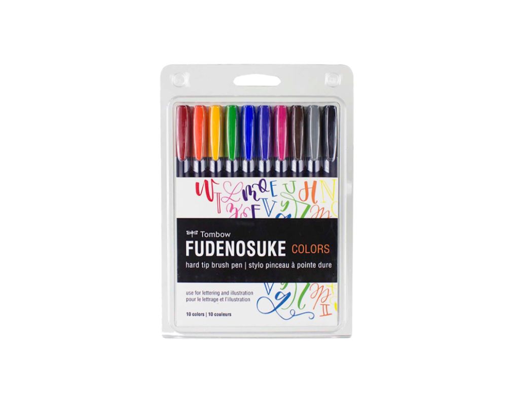A7 56429 Tombow 10-Pack Fudenosuke Hard Tip Assorted Color Brush Pens